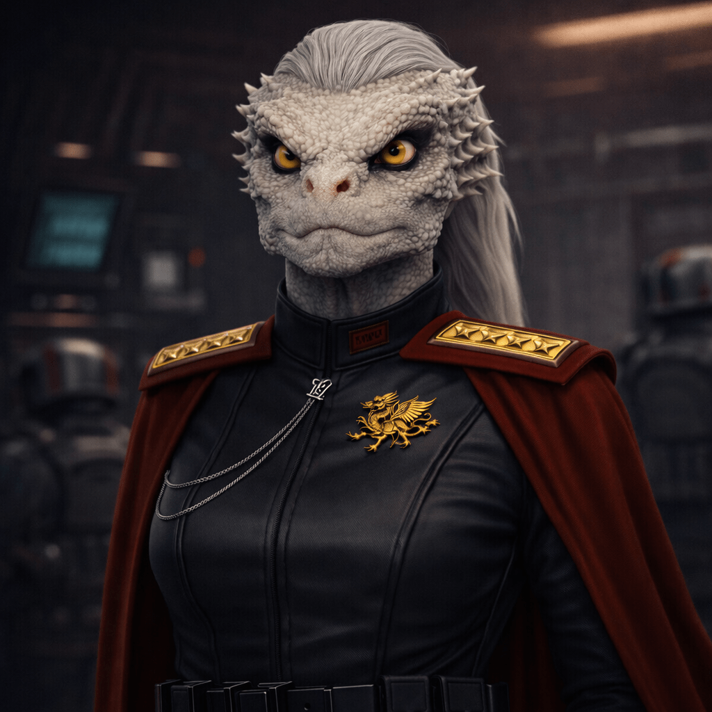 Reptilian alien military officer wearing black uniform with medals and a peaked cap