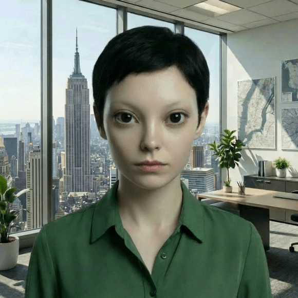 Realistic portrait of a humanoid alien with large black eyes and pale, textured skin.